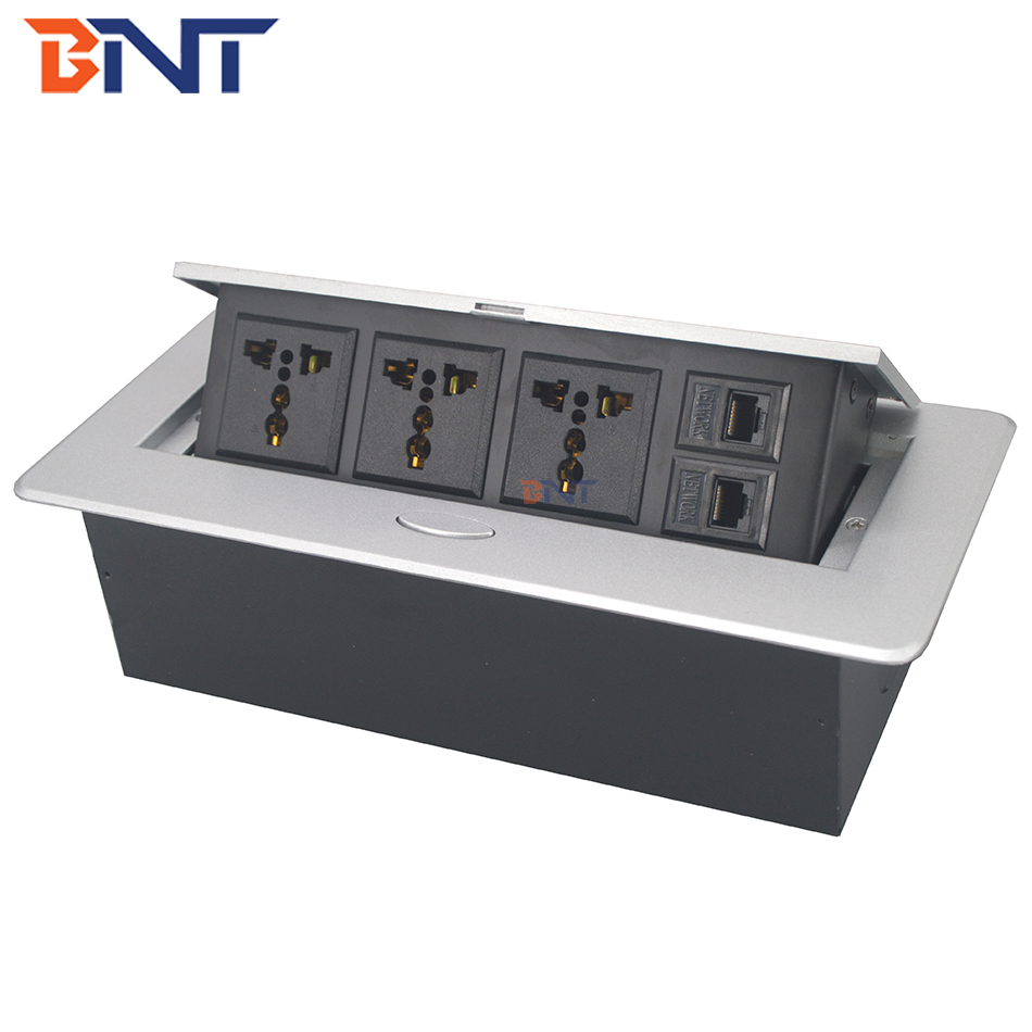 OEM/ODM Multi-functional Zinc Alloy / Iron Office Desktop Table Pop Up Power Socket with 2 RJ45 Plug