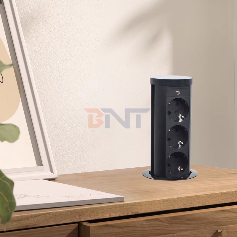 EU Plug Type 3-Outlet Pneumatic Power Socket IP44 Standard Aluminum Alloy Lifting Outlet for Hidden Kitchen Use detail image 1