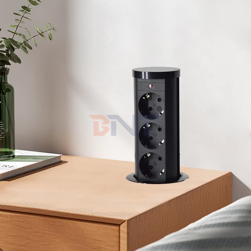 EU Plug Type 3-Outlet Pneumatic Power Socket IP44 Standard Aluminum Alloy Lifting Outlet for Hidden Kitchen Use detail image 2