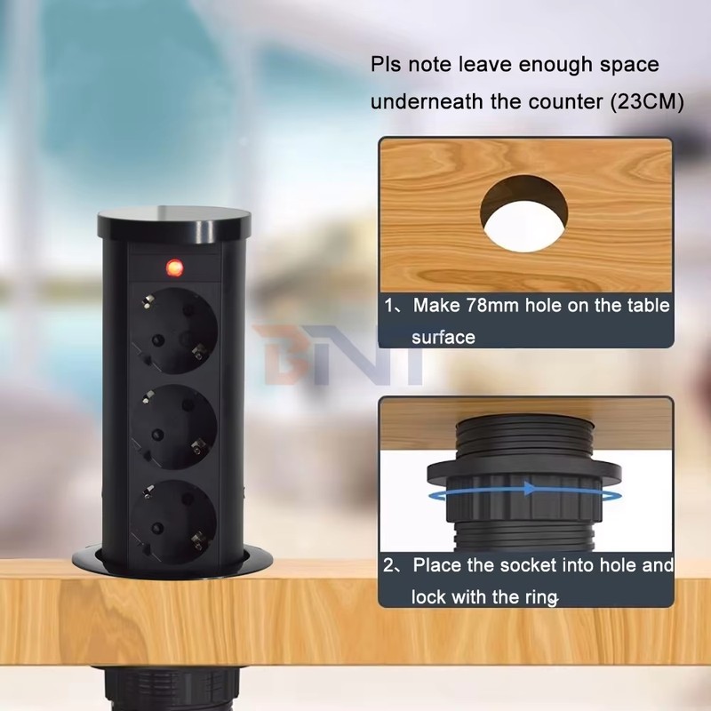 EU Plug Type 3-Outlet Pneumatic Power Socket IP44 Standard Aluminum Alloy Lifting Outlet for Hidden Kitchen Use detail image 6