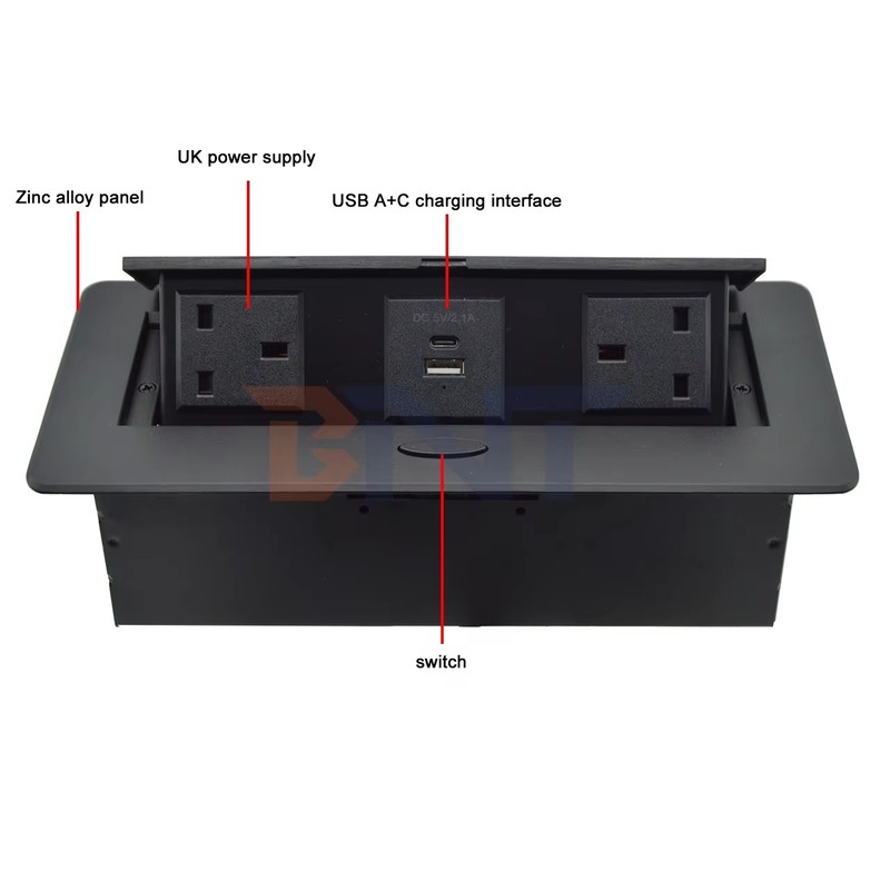 Custom Pop-Up Design Electric Power UK Plug Socket Flush Mount 2 Outlets Tabletop Socket for Meeting & Conference Tables detail image 8