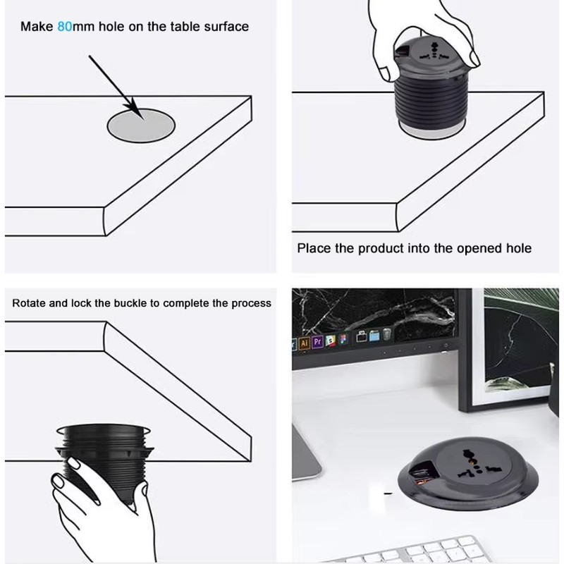 80mm Round Flush Mounted Furniture Hidden Sliding Socket With Universal Standard Outlets USB Charging and Type-C Port detail image 2