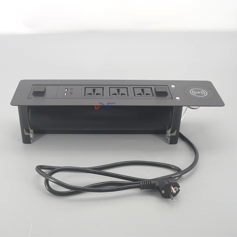 Wireless Phone Charger Brushed Aluminum Hidden Built-In Office Meeting Desk Table Flip up Power Sockets detail image 2