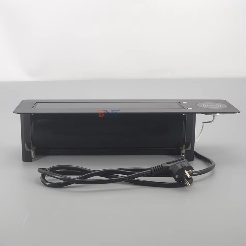 Wireless Phone Charger Brushed Aluminum Hidden Built-In Office Meeting Desk Table Flip up Power Sockets detail image 3