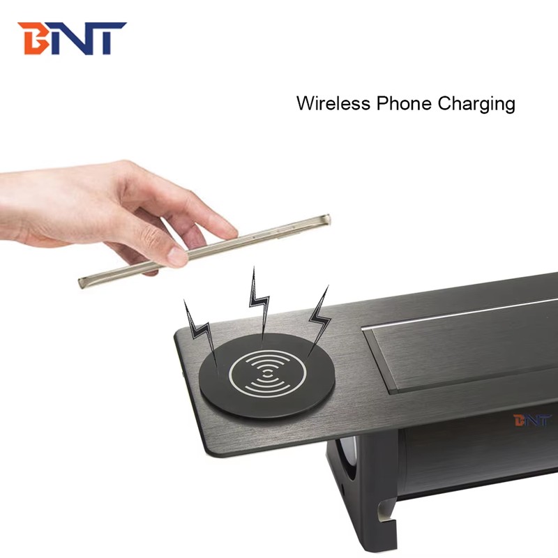 Wireless Phone Charger Brushed Aluminum Hidden Built-In Office Meeting Desk Table Flip up Power Sockets detail image 4