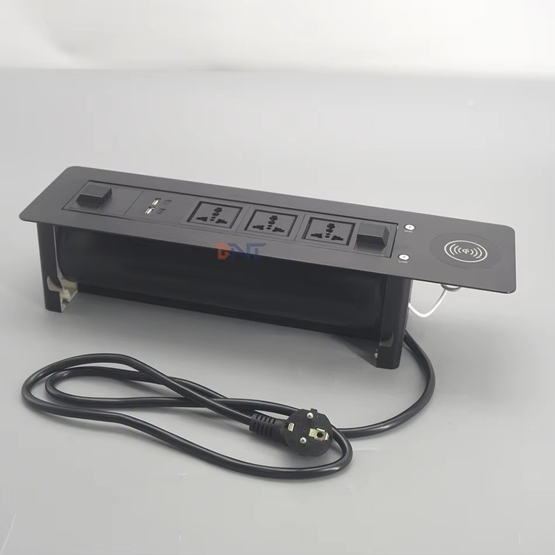 Wireless Phone Charger Brushed Aluminum Hidden Built-In Office Meeting Desk Table Flip up Power Sockets detail image 5
