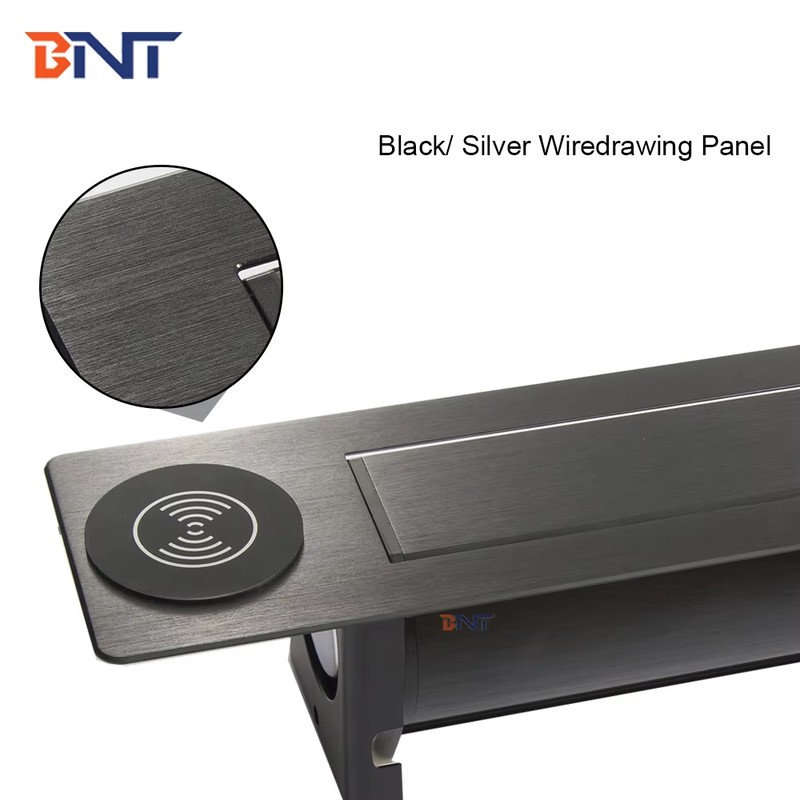 Wireless Phone Charger Brushed Aluminum Hidden Built-In Office Meeting Desk Table Flip up Power Sockets detail image 6