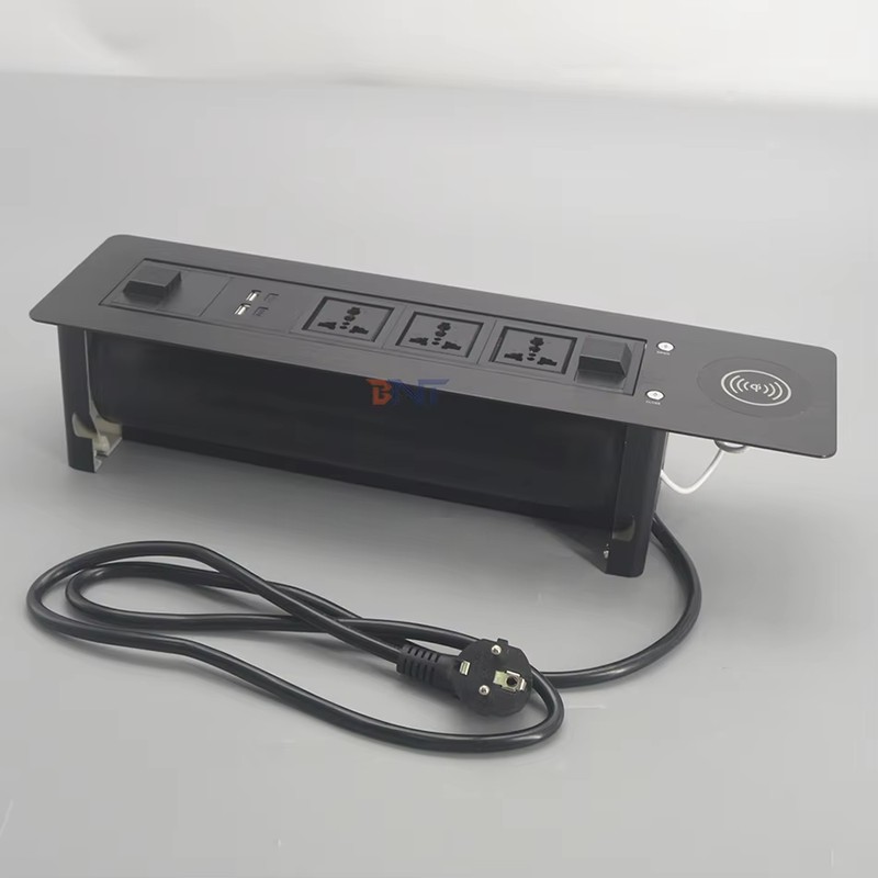 Wireless Phone Charger Brushed Aluminum Hidden Built-In Office Meeting Desk Table Flip up Power Sockets detail image 8