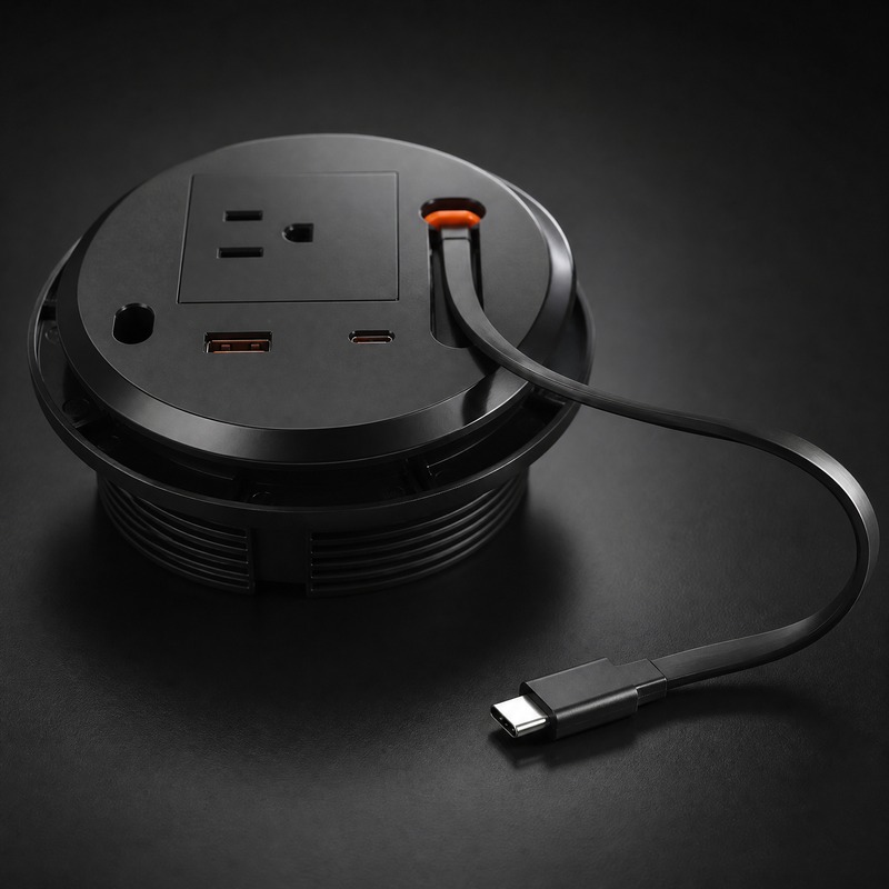Retractable Type-C charging cable pulled out from the sofa socket