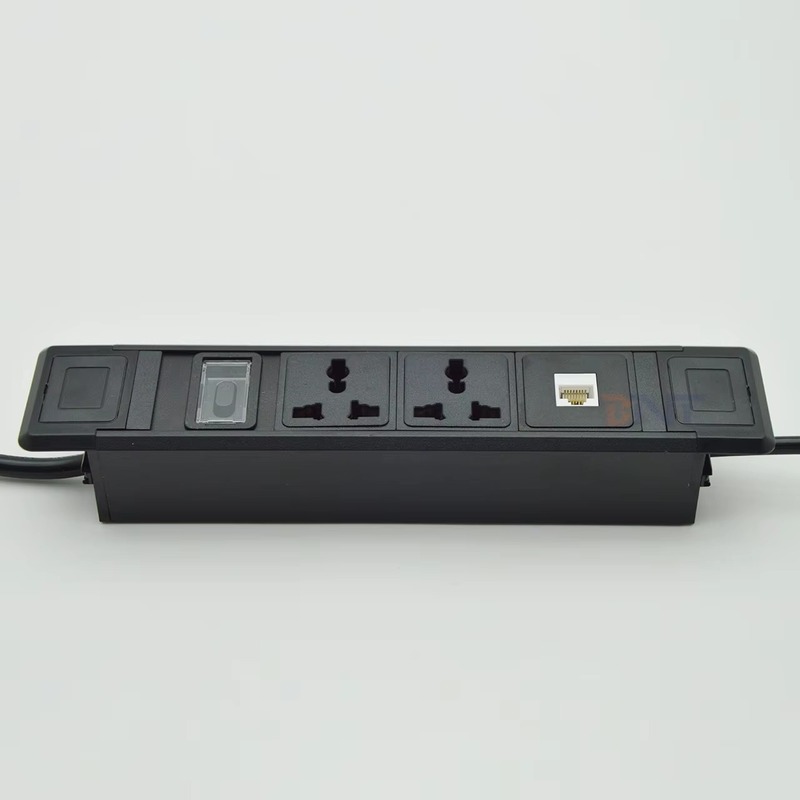 PTS-301 front view - Flush Recessed Desk Outlet, 2 Universal Outlets and Network